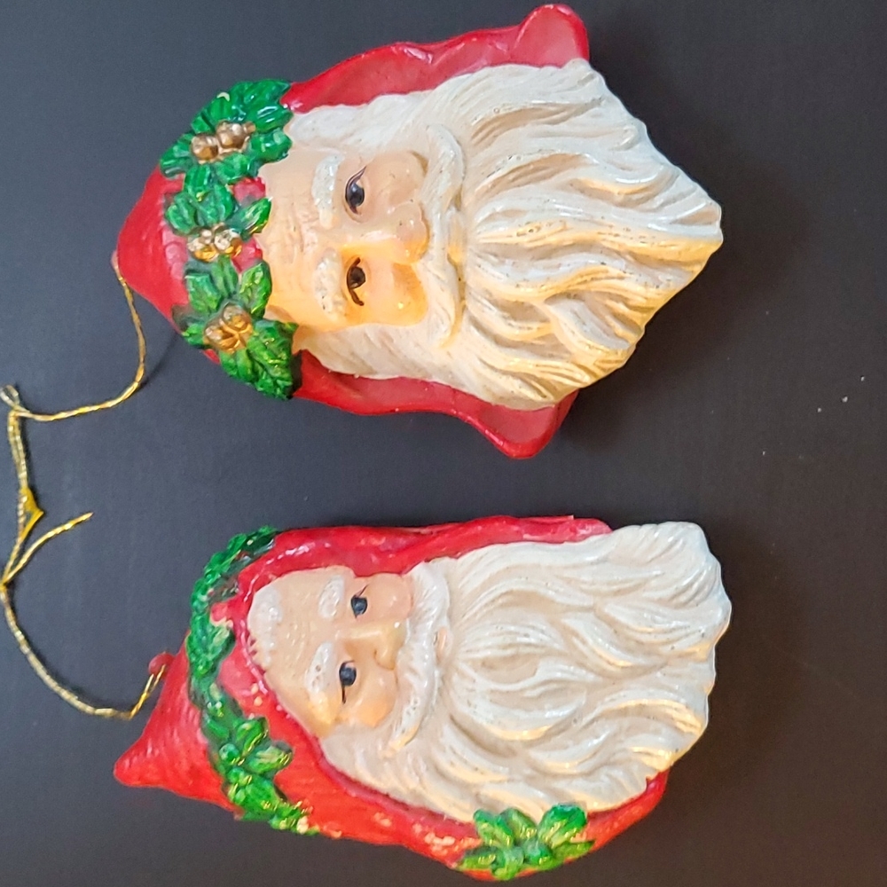 2 Vintage Santa Claus Head Christmas Tree Ornament 4"